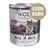 Wolf of Wilderness Senior Wild Hills dåse 800 g, tekst: UDEN KORN, 100% grain-free, and med and kalv mit Waldbeeren, Wurzeln und Wildkräutern. Billede af ulv foran bjerglandskab.