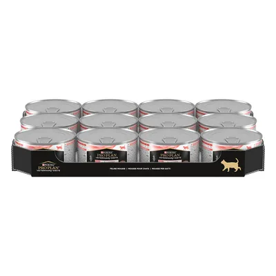 Tray containing twelve cans of Purina Pro Plan Veterinary Diets food, labelled for feline use. Cans are arranged in two rows within black packaging featuring a gold cat silhouette.