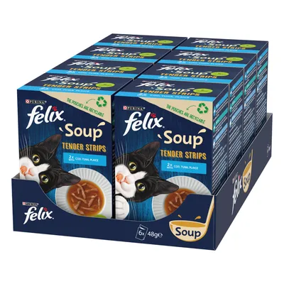 Felix Soup Tender Strips multipack, 6 x 48g pouches with cod, tuna and plaice. Packaging states the pouches are recyclable.