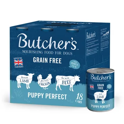 Butcher's Puppy Perfect grain free food, 18 cans with lamb, chicken and beef. Contains omega 3 and 6. Supporting British farmers. Suitable for puppies.