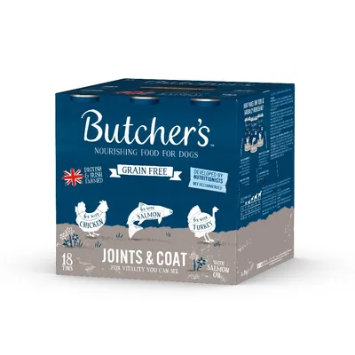 Butcher's nourishing food for dogs, grain free, British and Irish farmed, developed by nutritionists. Contains 6 tins each with chicken, salmon, or turkey. Joints & coat with salmon oil.