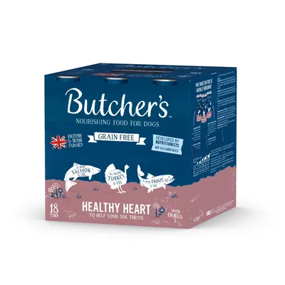 Butcher's nourishing food for dogs, grain free, British and Irish farmed, developed by nutritionists, 18 tins, healthy heart with omega 3, salmon, turkey, trout and vegetables.