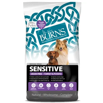 Sensitive grain free turkey and potato food, hypoallergenic, easy to digest, low in fat, highly digestible, for adult and senior, all breeds. Key features shown on packaging.