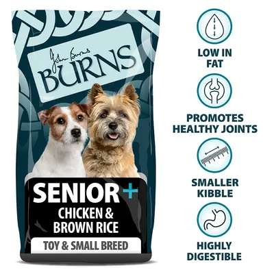 Burns Senior+ Chicken & Brown Rice for toy and small breed, low in fat, promotes healthy joints, smaller kibble, highly digestible.