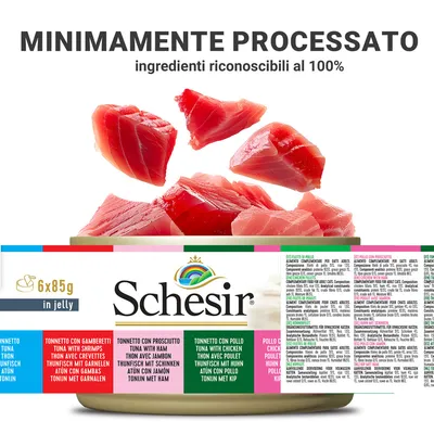 Schesir 6x85g in jelly, tonnetto con gamberetti, prosciutto, pollo; testo: 'MINIMAMENTE PROCESSATO, ingredienti riconoscibili al 100%'. Pezzi di pesce sopra la confezione.