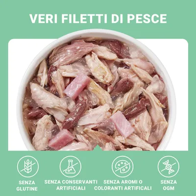 Veri filetti di pesce. Senza glutine, senza conservanti artificiali, senza aromi o coloranti artificiali, senza OGM.