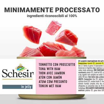 Schesir in jelly, tonnetto con prosciutto. Testo: minimamente processato, ingredienti riconoscibili al 100%. Immagine di pezzi di tonno e prosciutto sopra la lattina.