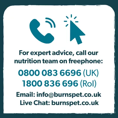 Contact nutrition team for advice: call 0800 083 6696 (UK) or 1800 836 696 (RoI), email info@burnspet.co.uk, or use live chat at burnspet.co.uk.