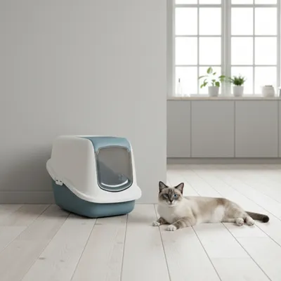 Gesloten kattenbak met pendeldeur in wit en blauw, daarnaast een liggende kat op een lichte houten vloer.