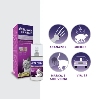 Feliway Classic spray y caja. Texto visible: arañazos, miedos, marcaje con orina, viajes. Imagen de gato y símbolos relacionados con cada comportamiento.