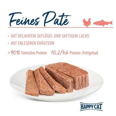 Happy Cat Feines Paté mit Geflügel, Lachs und Kräutern. Über 90% tierisches Protein, 10,2/4,6 Protein-/Fettgehalt.