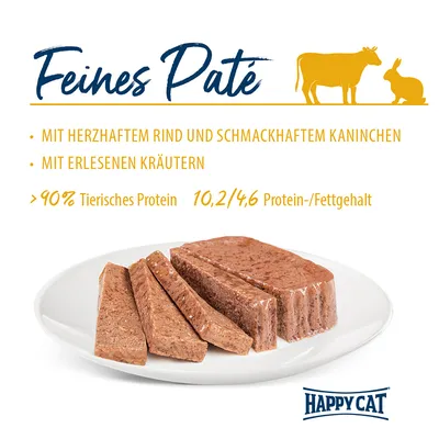 Feines Paté mit herzhaftem Rind und Kaninchen, erlesene Kräuter, 90% tierisches Protein, 10,2/4,6 Protein-/Fettgehalt. Marke: Happy Cat.