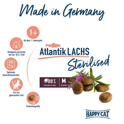 Happy Cat Atlantik Lachs Sterilised, ab dem 1. Lebensjahr, 10,5% Fett, optimale Gewichtskontrolle, glänzendes Fell, Krokettengrösse 9mm, 88% tierisches Protein, Made in Germany.