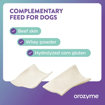 Complementary feed for dogs with beef hide, whey powder and hydrolysed corn gluten. Brand: orozymes. Complementary feed for dogs with beef hide, whey powder and hydrolysed corn gluten. Brand: orozymes.