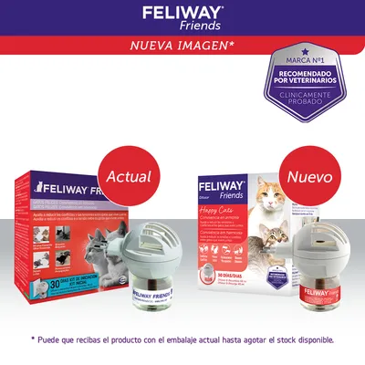 Comparativa de envases Feliway Friends: a la izquierda el diseño actual, a la derecha el nuevo. Ambos muestran difusor y caja con gatos. Texto: 'Recomendado por veterinarios'.