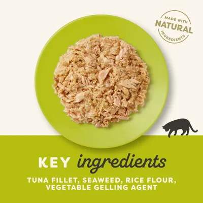 Glavni sastojci: tuna fillet, seaweed, rice flour, vegetable gelling agent. Made with natural ingredients. Tekst na engleskom jeziku.