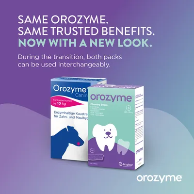 Orozyme Chews for Dogs, new and old packaging. Note: Both types of packaging may be used during the transition period. Orozyme Chews for Dogs, new and old packaging. Note: Both types of packaging may be used during the transition period.