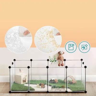 Indhegning med transparente vægge, to detaljebilleder viser en vandafvisende og let at rengøre overflade, ved siden af symboler for rengøring og pleje. Indhegning med transparente vægge, to detaljebilleder viser en vandafvisende og let at rengøre overflade, ved siden af symboler for rengøring og pleje.