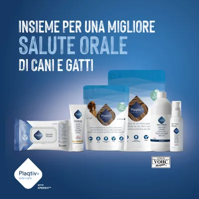 Plaqtiv+ prodotti per la cura orale per cani e gatti. Testo: Per una migliore salute orale di cani e gatti. Accettato dal VOHC. Plaqtiv+ prodotti per la cura orale per cani e gatti. Testo: Per una migliore salute orale di cani e gatti. Accettato dal VOHC.