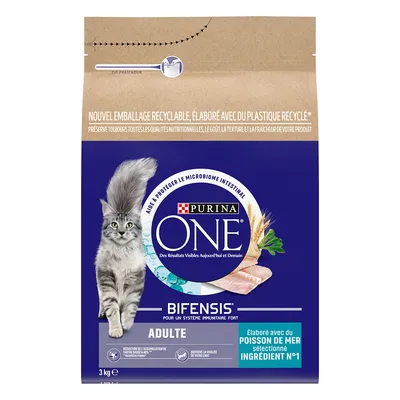 Συσκευασία Purina ONE Bifensis Adulte 3kg, με εικόνα γάτας και ψαριού. Ορατό κείμενο: «ÉLABORÉ AVEC DU POISSON DE MER SÉLECTIONNÉ INGRÉDIENT N°1».