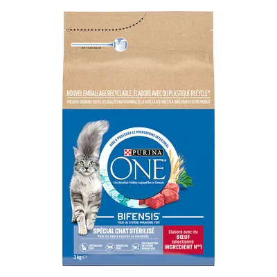 Purina ONE Bifensis Spécial Chat Stérilisé, 3 kg, élaboré avec du bœuf sélectionné ingrédient n°1. Immagine di un gatto e ingredienti visibili sulla confezione.