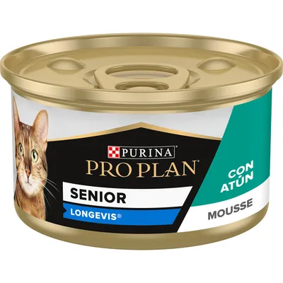 Lata de comida para gatos Purina Pro Plan Senior Longevis con atún, mousse. Texto visible: SENIOR, LONGEVIS, CON ATÚN, MOUSSE.
