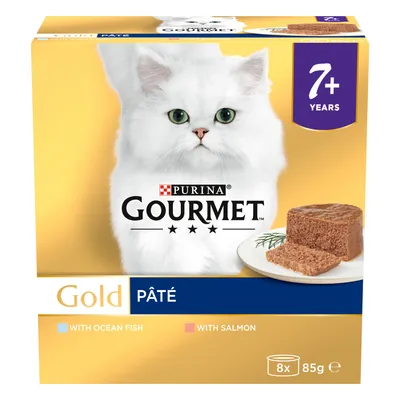 Gourmet Gold Paté for pets aged 7+ years, with ocean fish and salmon, pack contains 8 portions of 85g each.