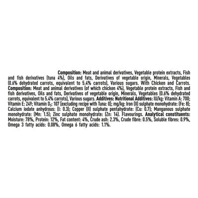 Sammensætning: Kød, fisk, grøntsager, olier, mineraler. Analyse: Fugtighed 78%, protein 12%, fedt 4%, råaske 2,3%, råfibre 0,5%, omega-3 0,08%, omega-6 1,1%. Sammensætning: Kød, fisk, grøntsager, olier, mineraler. Analyse: Fugtighed 78%, protein 12%, fedt 4%, råaske 2,3%, råfibre 0,5%, omega-3 0,08%, omega-6 1,1%.