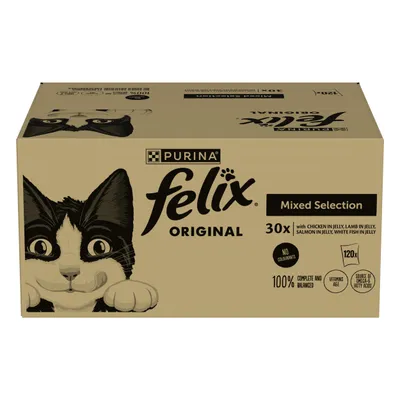 Felix Original Mixed Selection, 30 packs with chicken, lamb, salmon and white fish in jelly. No colourants, 100% complete and balanced, vitamins A, E, source of omega-6 fatty acids.