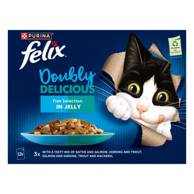 Felix Doubly Delicious Fish Selection in Jelly, 12 pouches with a mix of saithe and salmon, herring and trout, salmon and sardine, trout and mackerel. Pouches are recyclable.