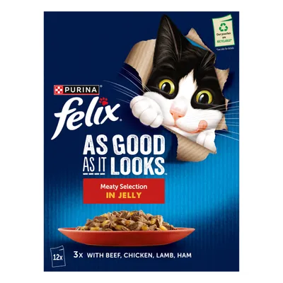Felix As Good As It Looks 12 x 85g - Meaty Selection in Jelly (Beef, Chicken, Lamb & Ham)