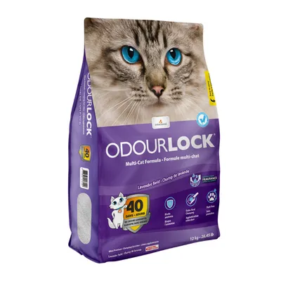 Saco de arena para gatos OdourLock Multi-Cat Formula, campo de lavanda, 40 días sin olores, 12 kg. Imagen de un gato y texto en inglés y francés en el envase.