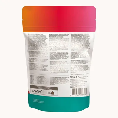 Back of product pouch showing feeding instructions, ingredients, analytical constituents, and dosage guide with one chew per day for different dog sizes. Net weight 175g.