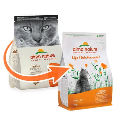 Mudança de embalagem: ração para gatos almo nature Owned by the Animals, Life Maintenance, com frango fresco, Adult Cat, 2 kg. Ambas as embalagens visíveis com logótipo e texto.