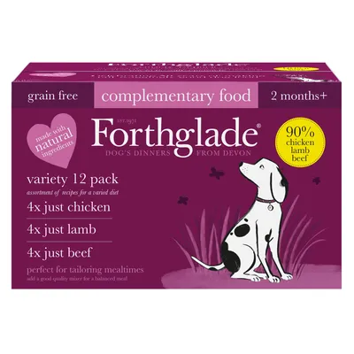 Forthglade complementary food, grain free, variety 12 pack with 4 chicken, 4 lamb, 4 beef. Made with natural ingredients, 90% chicken, lamb, beef. Suitable for 2 months and older.