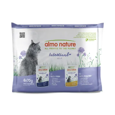 Almo Nature Functional Help multipack felnőtt macskáknak, 6x70g. Változatok: halas és szárnyas. Támogatja az emésztést. Bevételek biodiverzitásvédelemre.