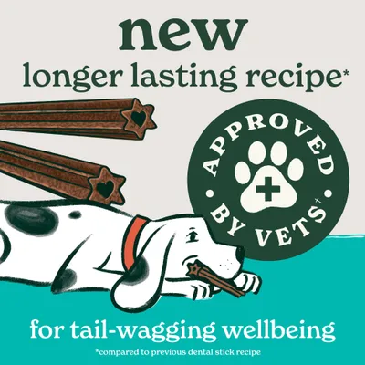 New longer lasting recipe, approved by vets, for tail-wagging wellbeing. Compared to previous dental stick recipe.