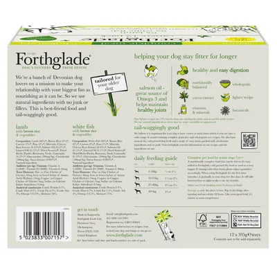 Forthglade senior dog food packaging showing ingredients, feeding guide by weight, benefits like Omega 3 for joints, easy digestion, and contact details. Contains lamb and white fish recipes.