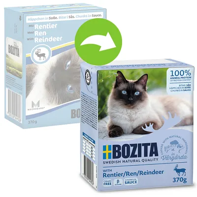 BOZITA with Rentier/Ren/Reindeer, 370g, švédská kvalita, 100% animal protein, grain free, B glucan, chunks in sauce. Na obalu je kočka a symbol soba.