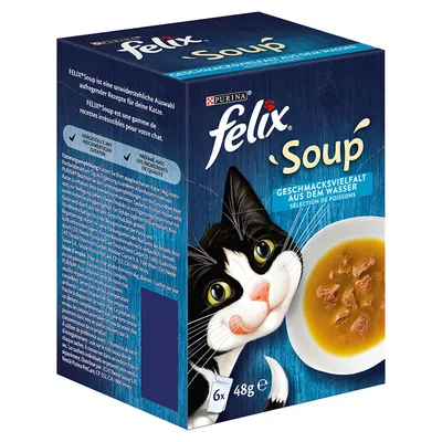 Box showing felix Soup selection of fish flavours, 6 x 48g portions, with a bowl of soup and chunks pictured on the front. Text highlights high-quality ingredients.