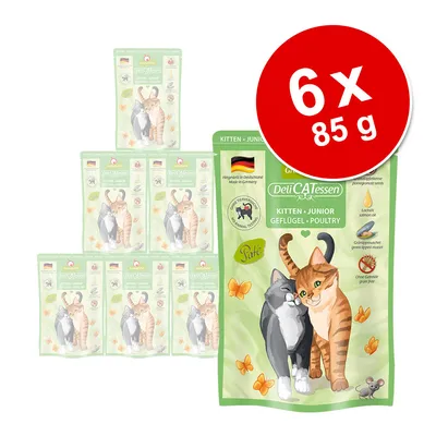 Συσκευασία DeliCATessen Kitten Junior Geflügel Poultry, 6 x 85 g. Ετικέτα: Χωρίς δημητριακά, παρασκευάζεται στη Γερμανία, πατέ, εικόνα γατάκια και πεταλούδες.