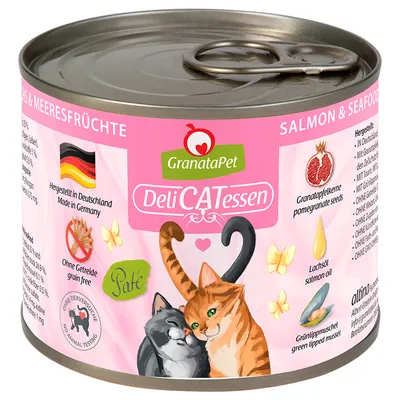 GranataPet DeliCATessen, vyrobené v Nemecku, bez obilnín, bez testovania na zvieratách. Zloženie: granátové jadrá, lososový olej, zelenoústá mušľa. Príchuť: losos a morské plody.