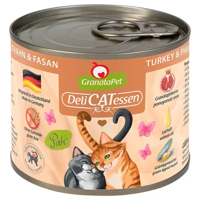 GranataPet DeliCATessen Pâté s moriakom a bažantom. Vyrobené v Nemecku, bez obilnín, bez testovania na zvieratách. Zloženie: granátové jadrá, lososový olej, zelenoústá mušľa.
