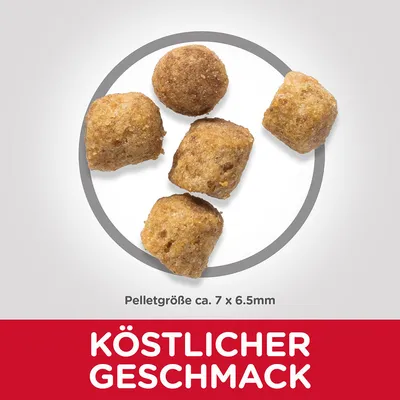 Пять гранул корма, размер гранулы примерно 7 × 6,5 мм. Надпись на немецком: KÖSTLICHER GESCHMACK.