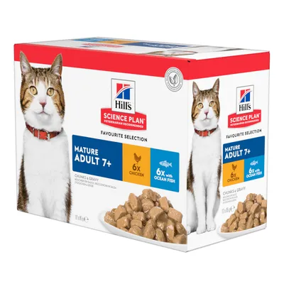 Hill's Science Plan Mature Adult 7+ храна за котки, Favourite Selection, 6x пиле, 6x с морска риба, хапки в сос, 12x85g.