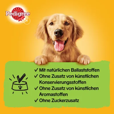 Pedigree. Mit natürlichen Ballaststoffen, ohne Zusatz von künstlichen Konservierungsstoffen, Aromastoffen und Zuckerzusatz.