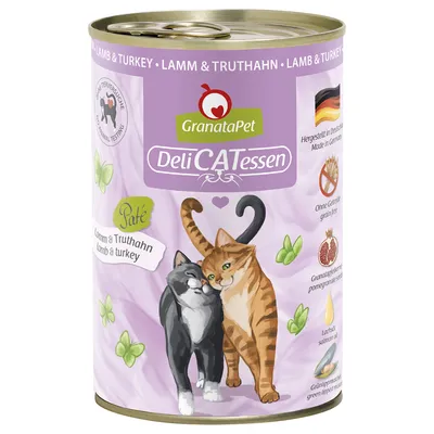 GranataPet DeliCATessen Paté miel și curcan. Produs în Germania, fără cereale, semințe de rodie, ulei de somon, midie cu cochilie verde. Fără teste pe animale.