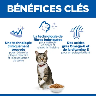 Technologie cliniquement prouvée pour réduire la plaque dentaire, technologie de fibres pour l’hygiène bucco-dentaire et une haleine fraîche, oméga-6 et vitamine E pour un pelage brillant.