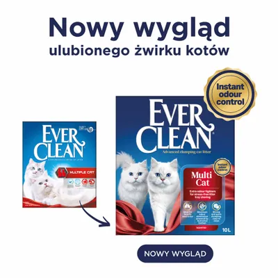 Ever Clean Multi Cat żwirek dla kotów z nowym wyglądem opakowania, informacja o natychmiastowej kontroli zapachów. Przedstawiono porównanie starego i nowego designu. Ever Clean Multi Cat żwirek dla kotów z nowym wyglądem opakowania, informacja o natychmiastowej kontroli zapachów. Przedstawiono porównanie starego i nowego designu.