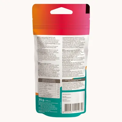 Back of product pouch showing feeding instructions, storage advice, analytical constituents, additives, and a barcode. Text includes directions for use and nutritional information.
